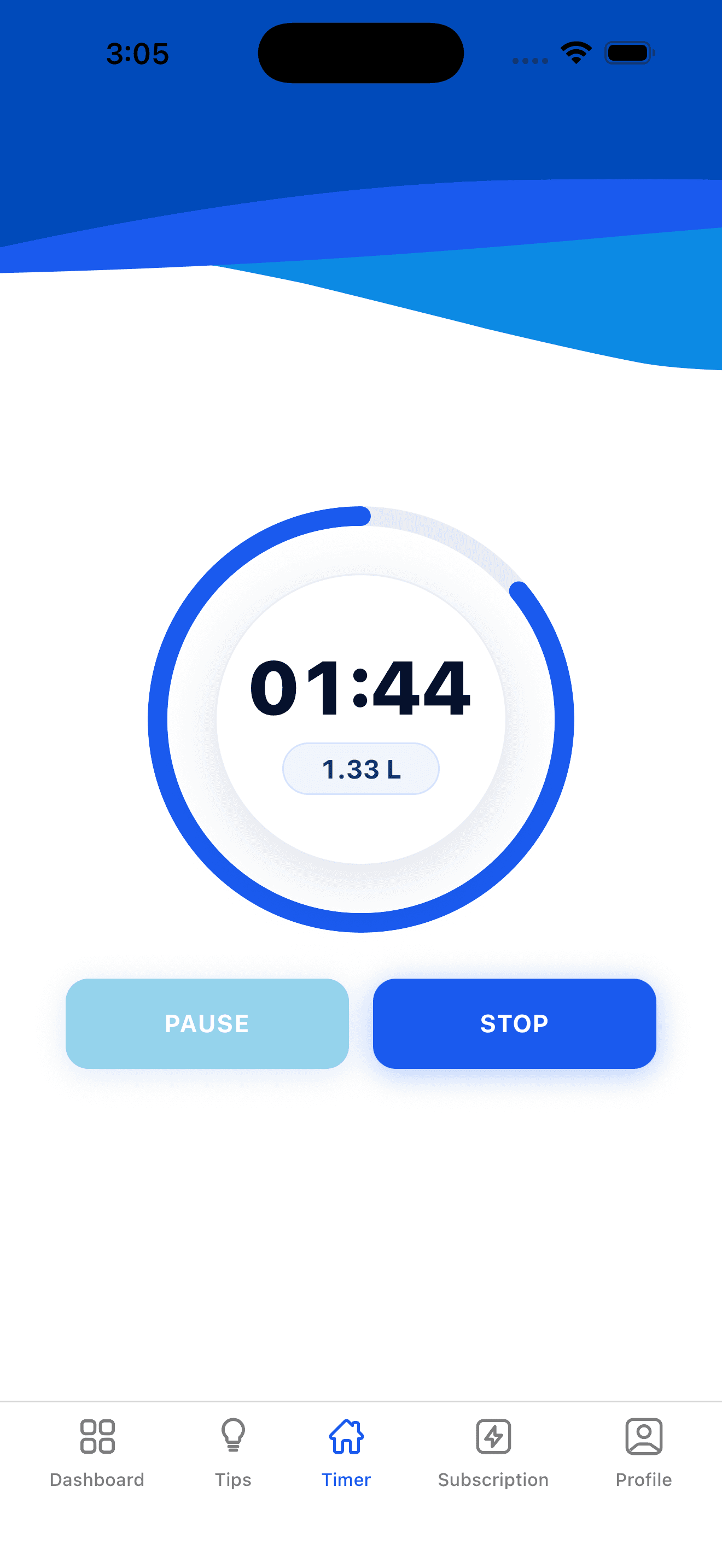 WaterSaver timer screen with active brushing countdown